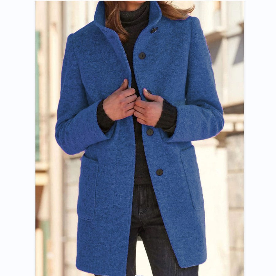 Women's Classic Coat, Stand Collar, Long Sleeves, Button Front