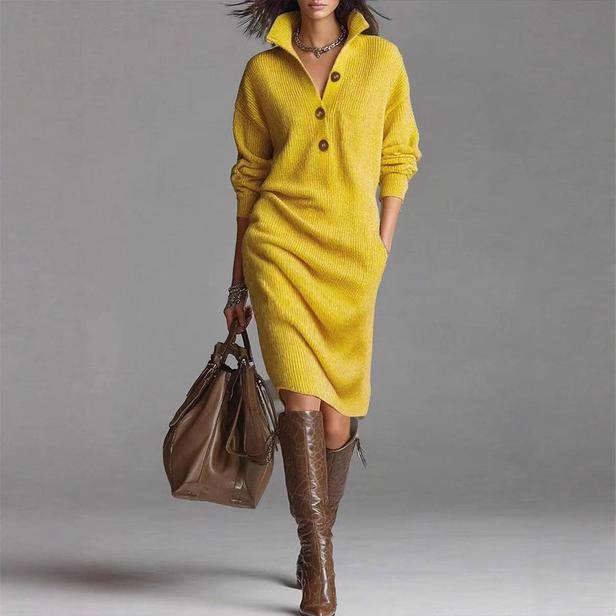 Women's Knit Sweater Dress with Collared Button Placket | Relaxed Drop Shoulder Shape, Below the Knee | Sizes S-3XL, 5 Colors