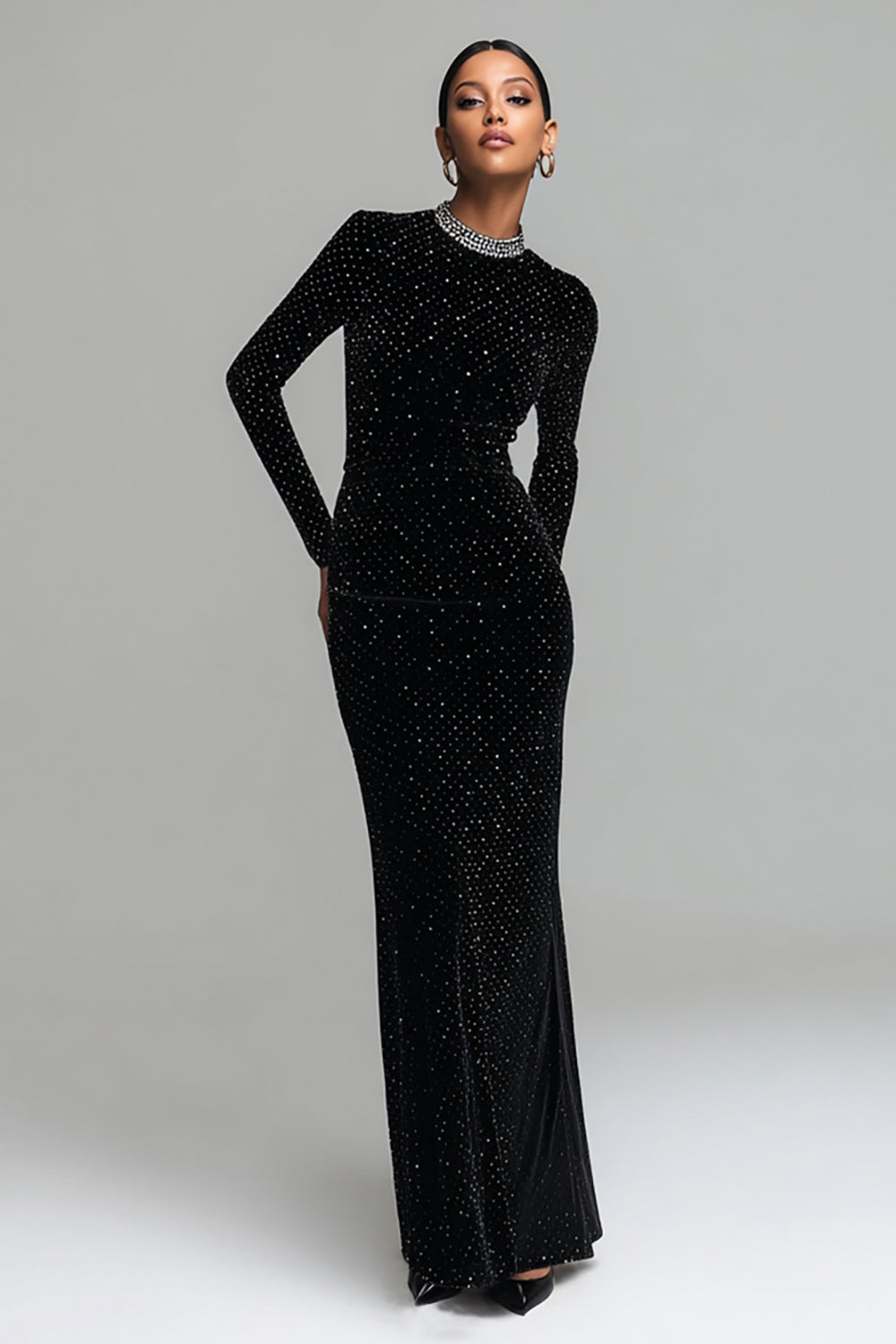 Women's Black Sparkly Maxi Dress, Round Neck, Long Sleeves