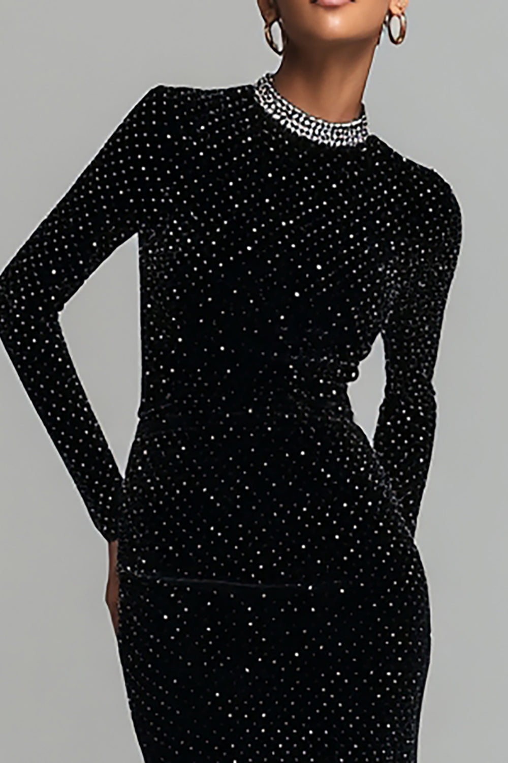 Women's Black Sparkly Maxi Dress, Round Neck, Long Sleeves