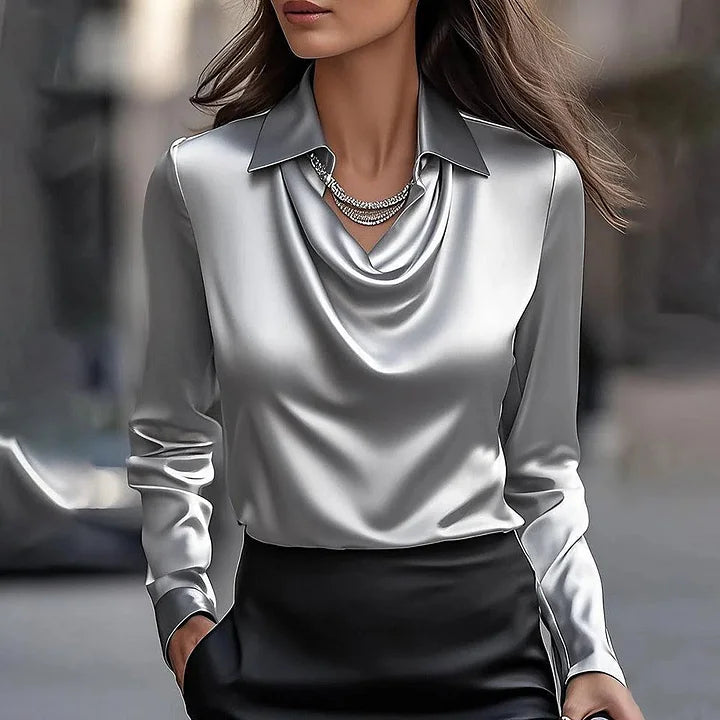 Women's V-Neck Blouse with a Soft Glossy Finish | Tapered Sleeves and Fluid Drape for Evenings | Size XS-3XL, 9 Colors