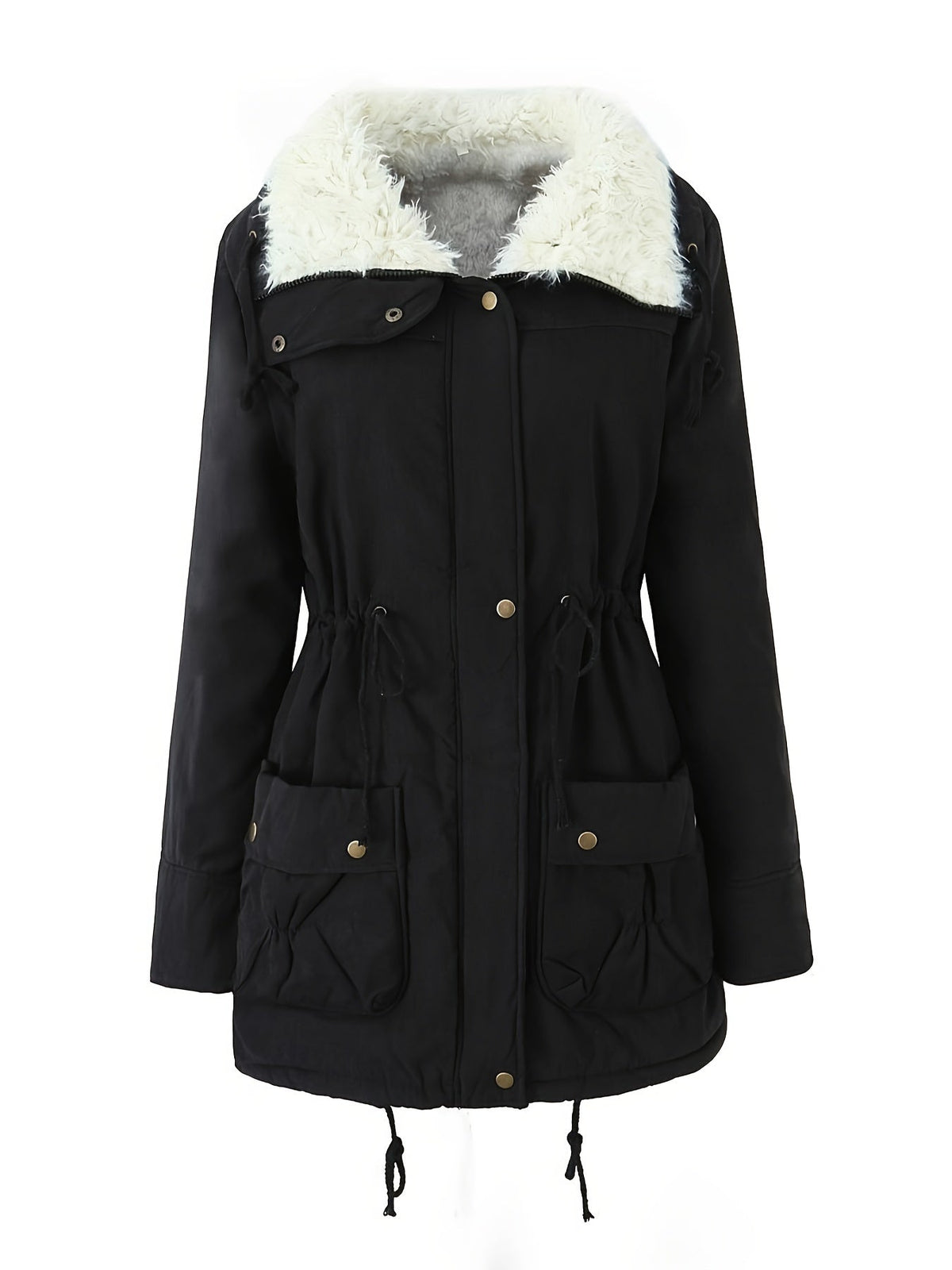 Women's Parka with Hood and Button Front | Drawstring, Pockets | For Winter | Size S-XL | Black, Fern Green