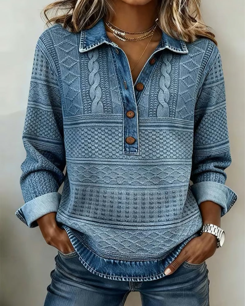 Kristen | Womens Cable Knit Sweater with Collar and Button Neckline | Relaxed Fit, Long Sleeves | Blue, Gray, Brown S-3XL