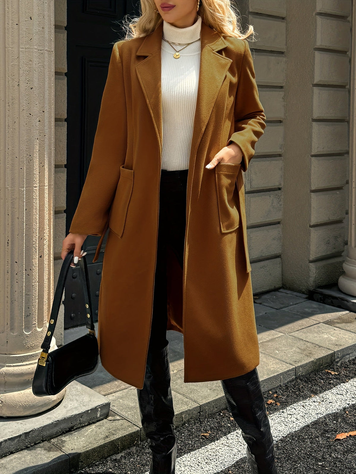 Women's Coat with Waist Belt and Pockets | For Winter | Size S-XL | Camel, Light Brown, Black, Grey