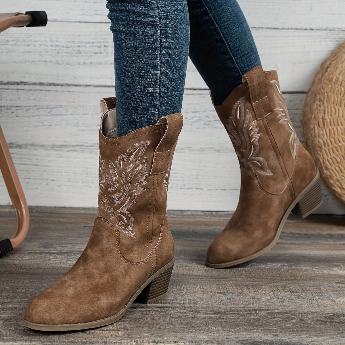 Bianca Embroidered Mid-Calf Western Boots