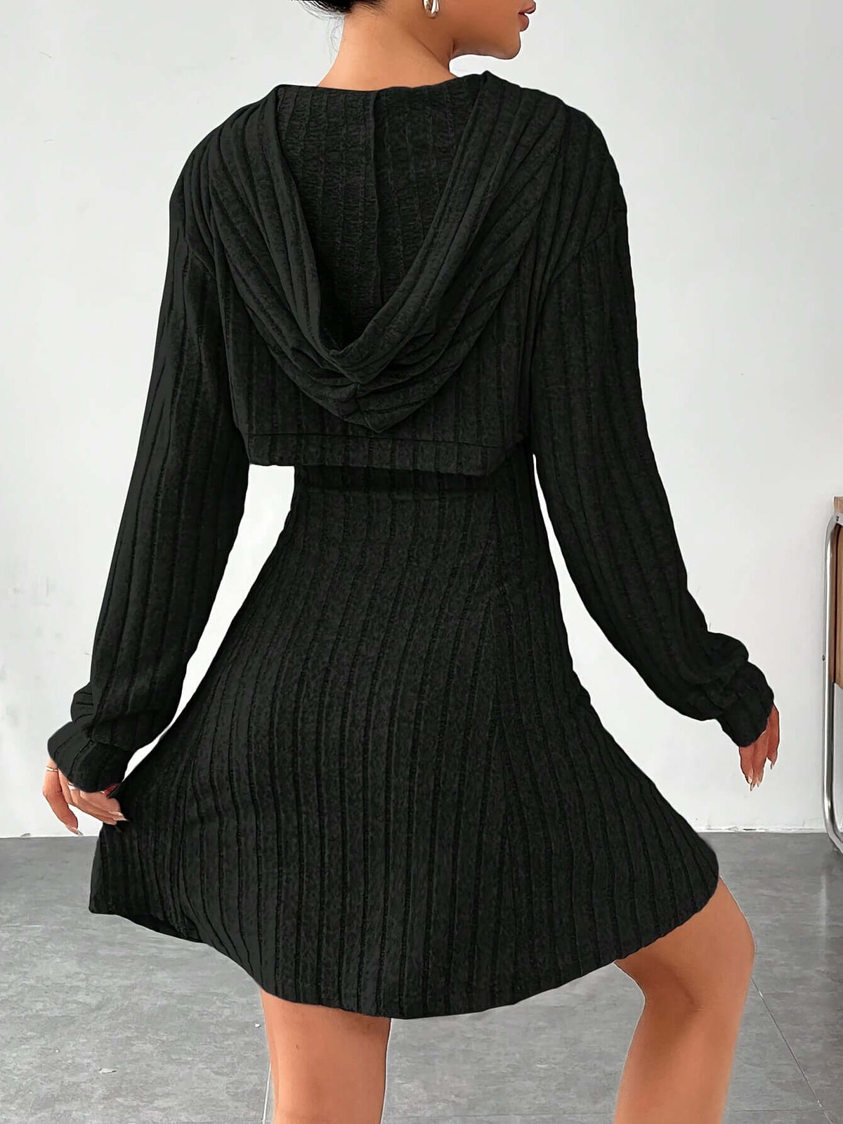 Women's Mini Knit Dress with Chest Cutout and Hood | Ribbed Texture, Long Sleeves, Flared Skirt | Sizes S-L, 6 Colors