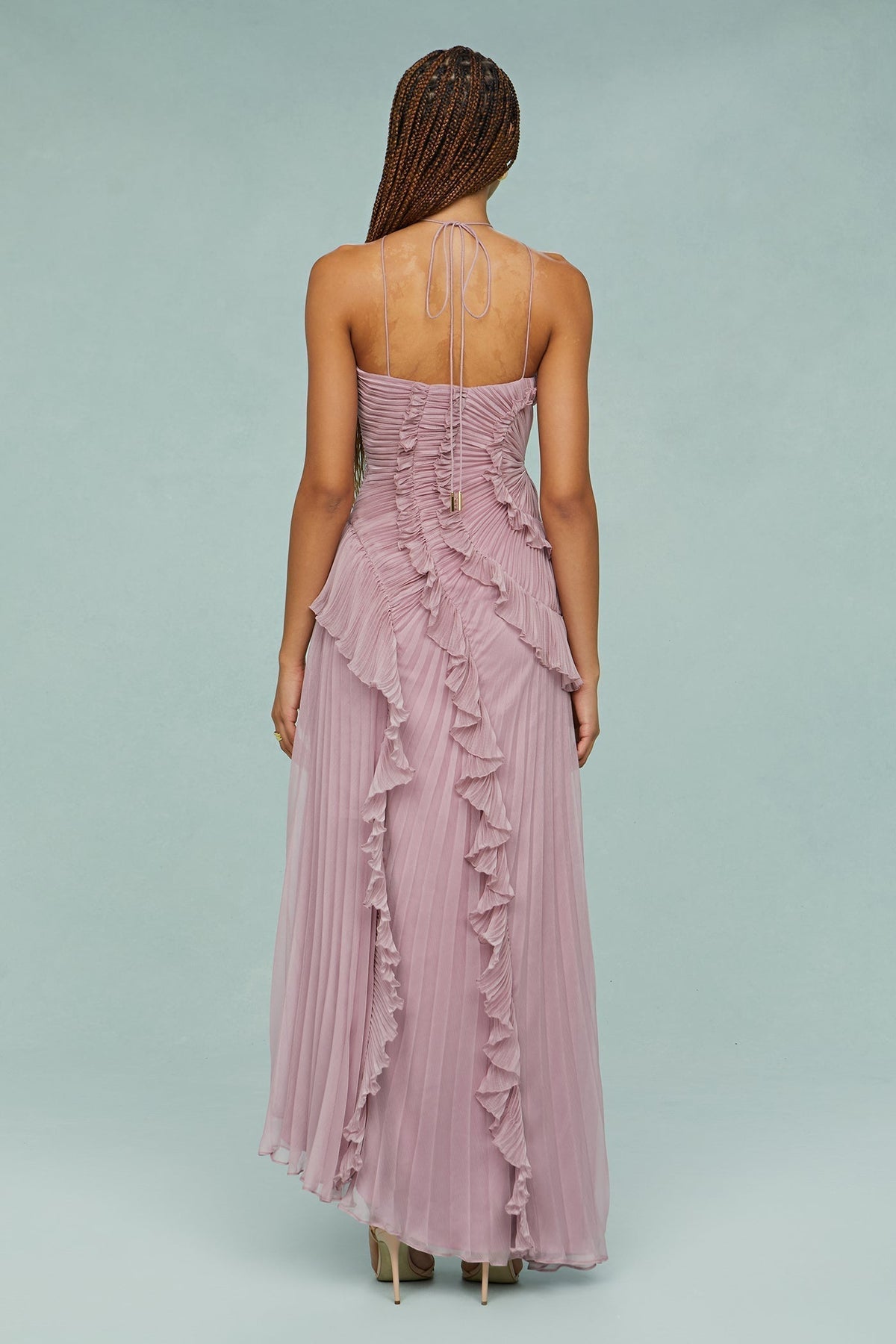 Women's Halter Neck Wedding Guest Dress | Pleated Drape and a Flowing Skirt for Garden Receptions | Size XS-XL
