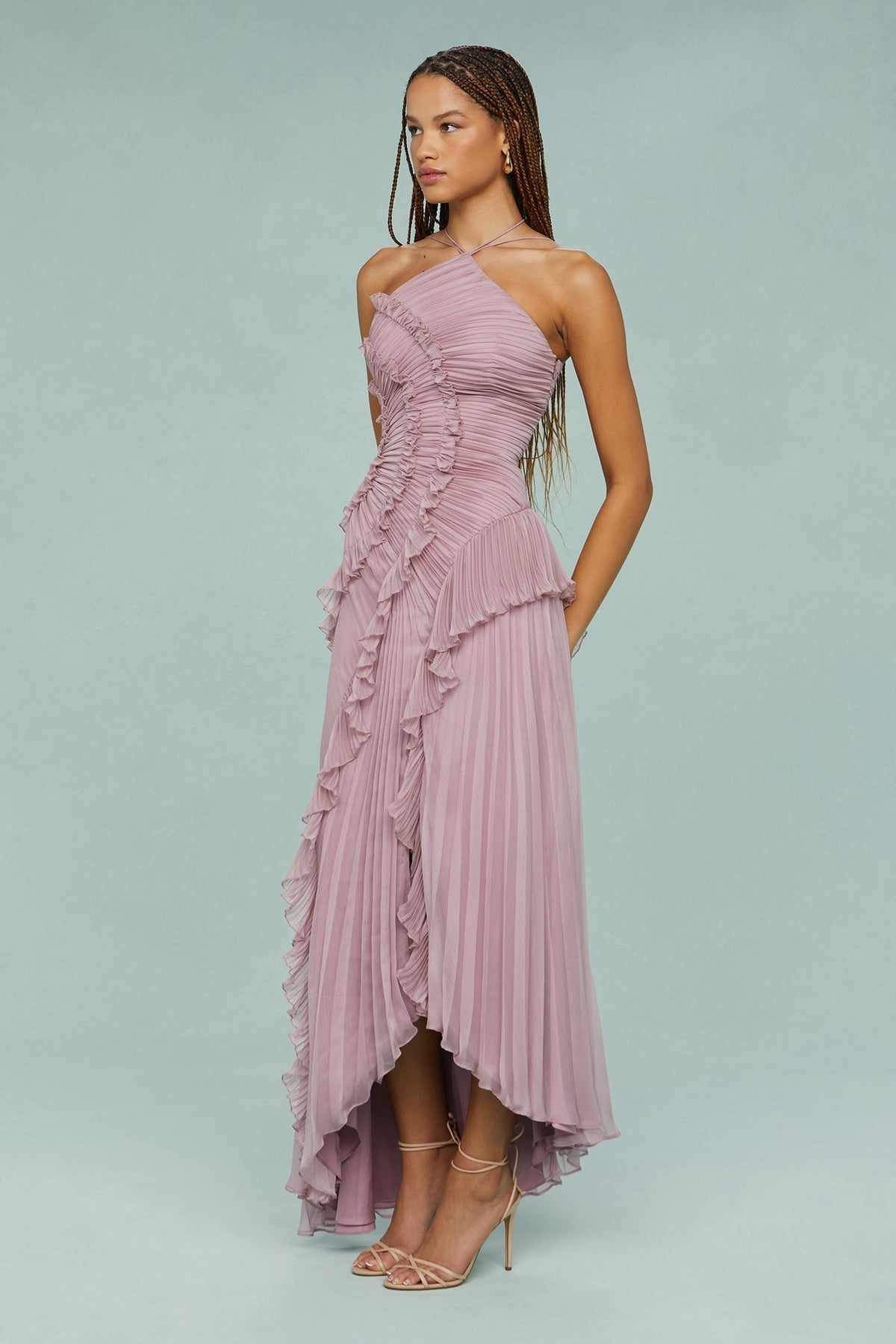 Women's Halter Neck Wedding Guest Dress | Pleated Drape and a Flowing Skirt for Garden Receptions | Size XS-XL