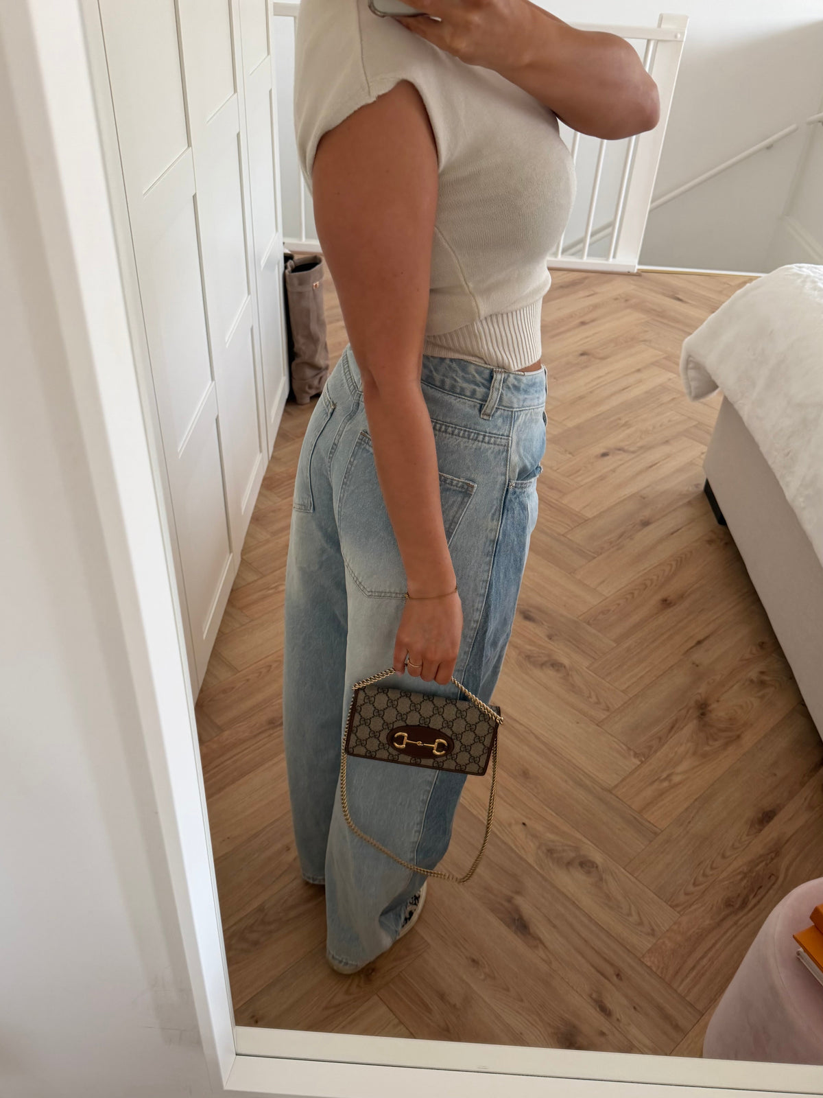 Women's Blue Wide-Leg Jeans, High Waist, Contrast Panels