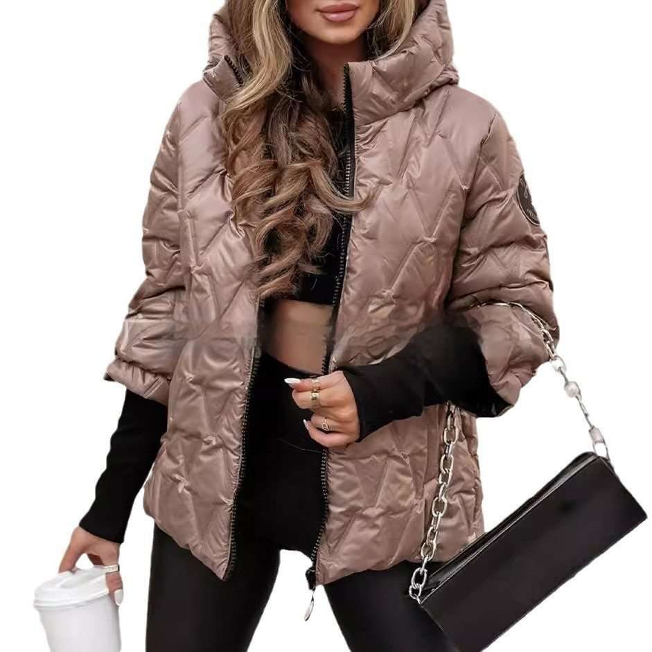 Women's Puffer Jacket with Quilted Panels and Hood | Patchwork | For Winter | Size S-3XL | Brown, Khaki, White, Black