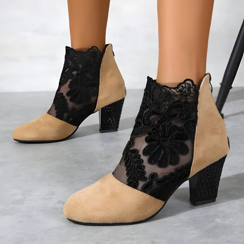 Women's Lace Overlay Ankle Boots with Block Heel