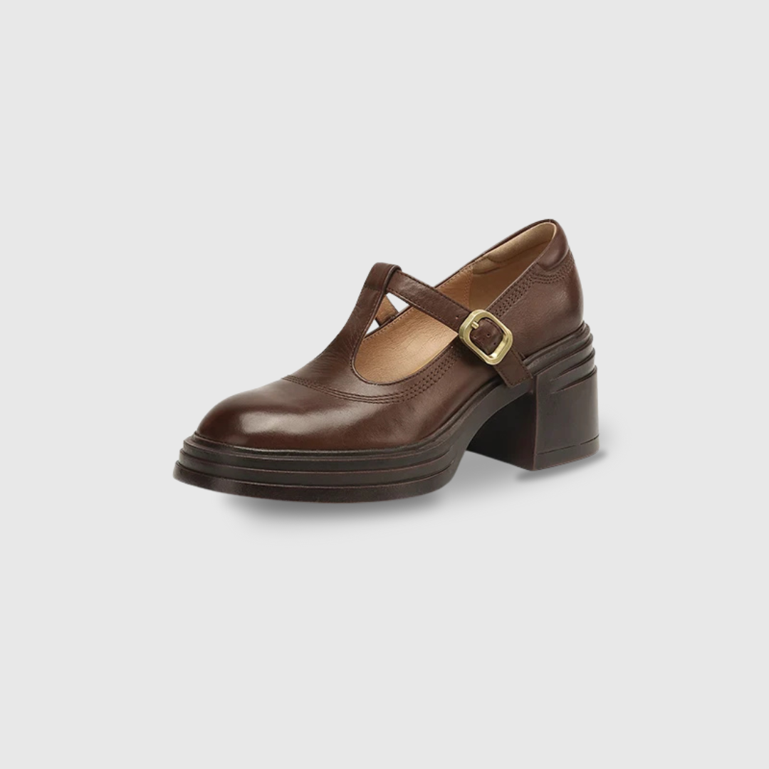 Women's Mary Jane Pumps with Gold Tone T-Strap Buckle | Round Toe, Wide Block Heel of 4-5 cm | Size 5-8, 3 Colors