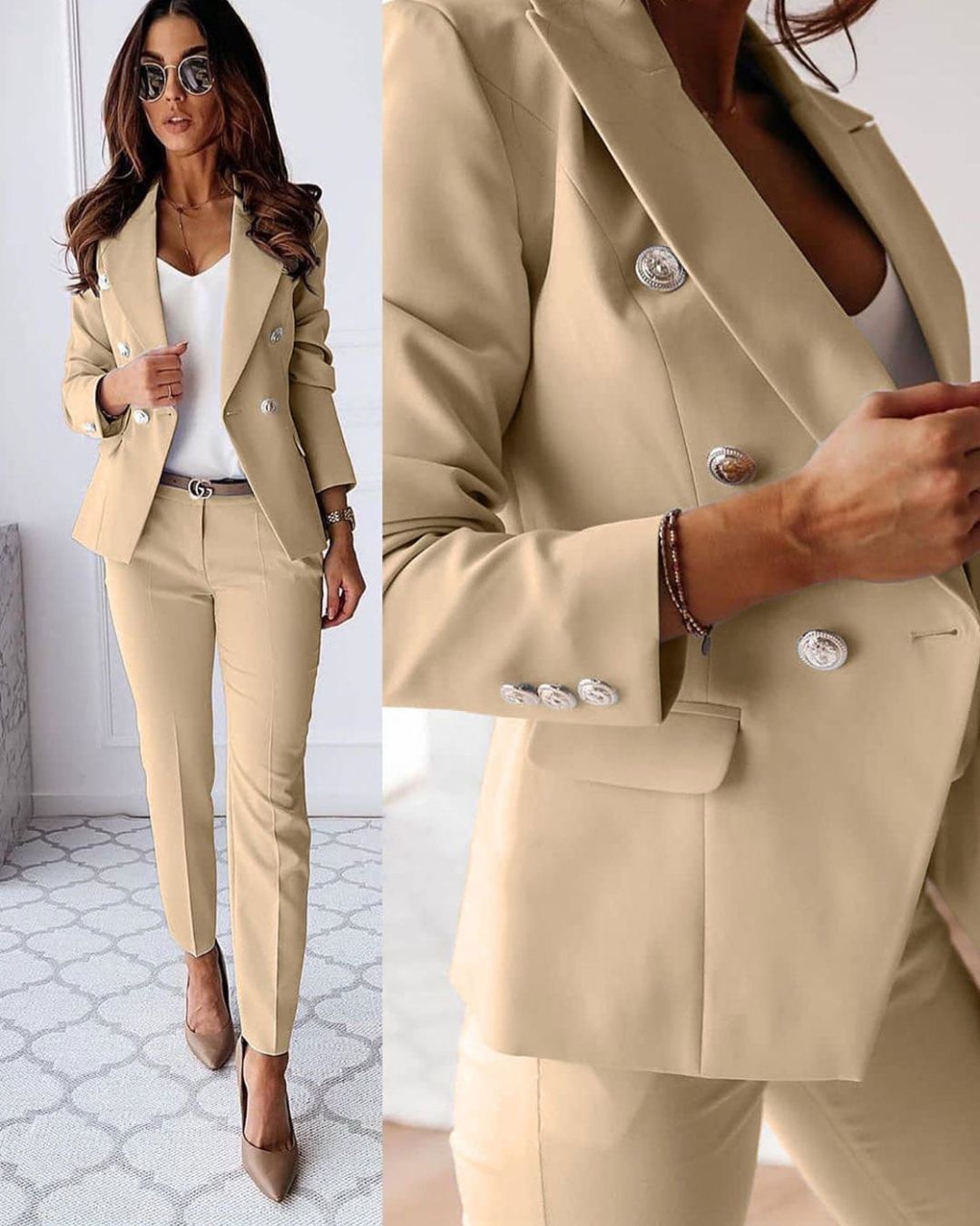 Women's Double-Breasted Trouser Suit, Tailored Blazer