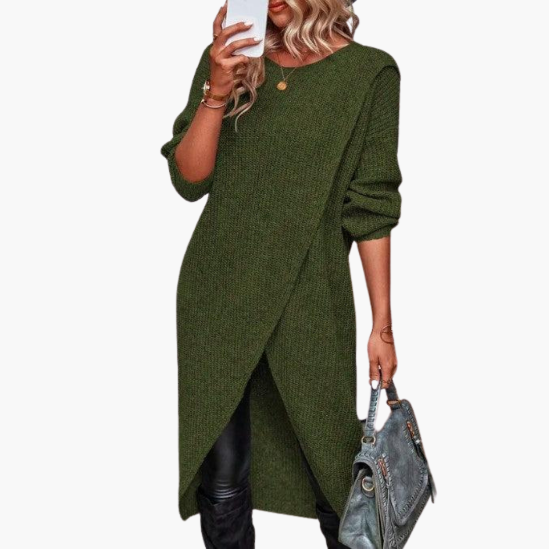 Women's Tunic Sweater Wrap Front Crew Neck Long Sleeve Knit Pullover