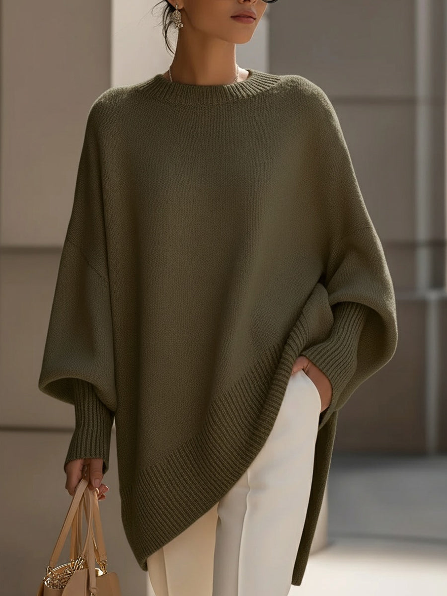 Lindsay | Womens Oversized Knit Poncho Sweater with Batwing Sleeves | Asymmetrical Hem, Round Neck | 7 Colors S-XL