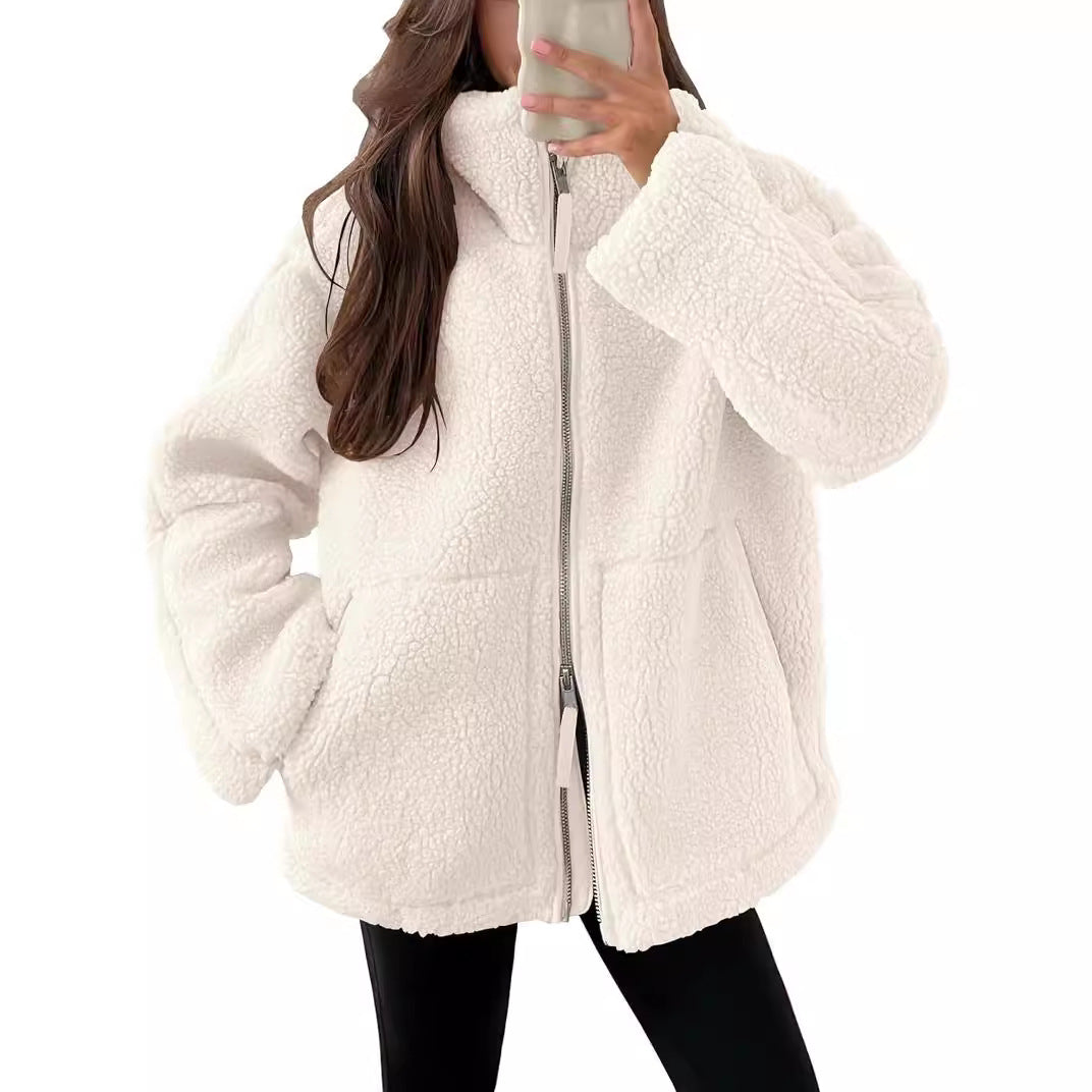 Women's Teddy Fleece Zip-Up Coat, Lapel Collar, Long Sleeves