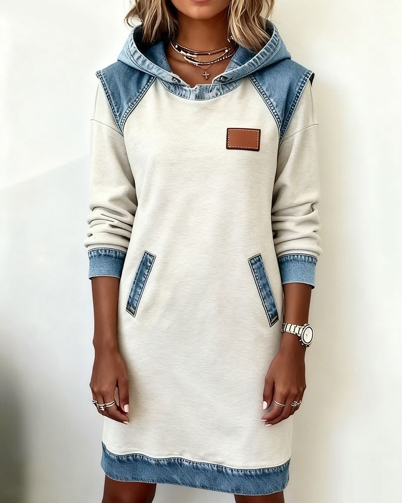 Women's Hoodie Sweatshirt Dress with Denim Trim Long Sleeve and Pockets