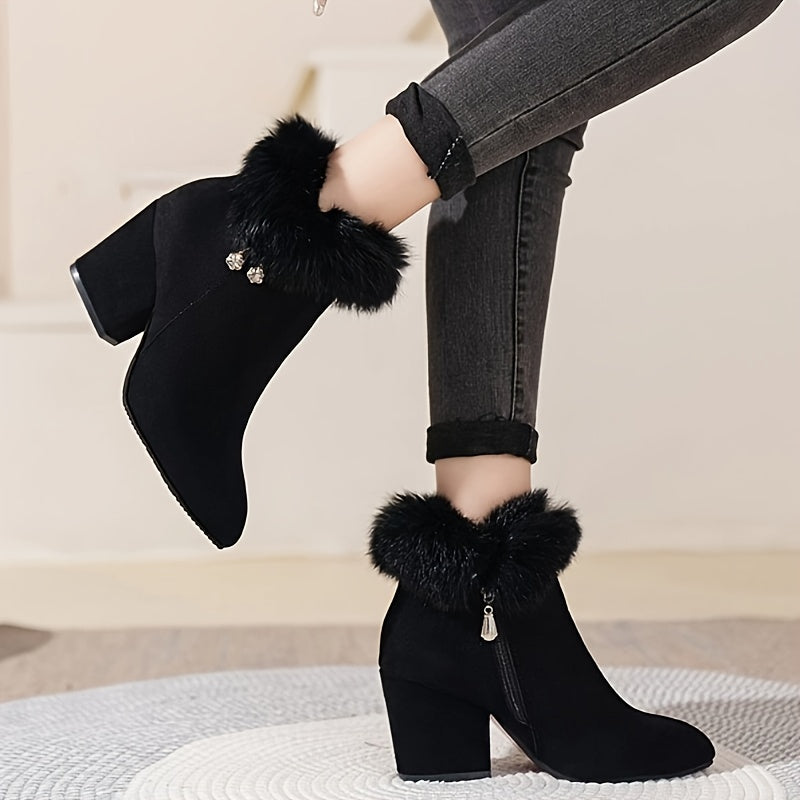 Women's Faux Fur Trim Ankle Boots with Block Heel