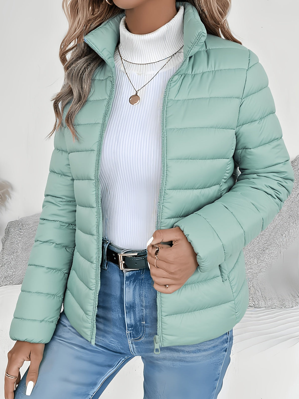 Women's Puffer Jacket with Down Filling and Fitted Cut | Zip Closure | For Winter | Size M-2XL | Matcha, Black, Khaki, Mint