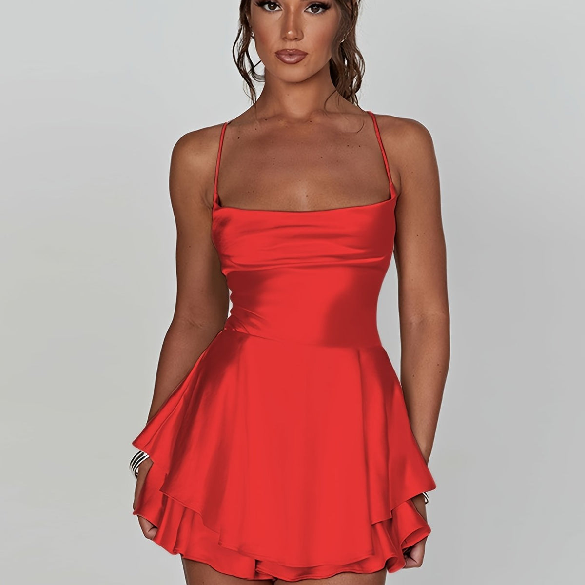 Women's Satin Mini Dress with Ruffled Skirt | Cowl Neckline, Thin Straps, Fitted Bodice | Sizes XS to XL, 10 Colors