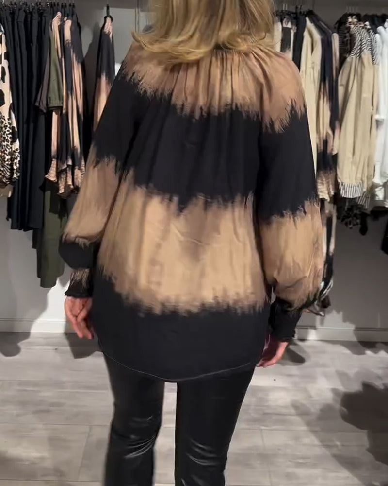 Women's Brown Tie-Dye V-Neck Blouse, Long Sleeves, Buttons