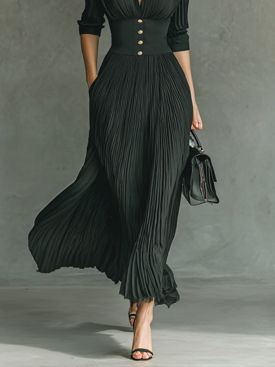 Women's Solid Color Pleated Lapel Waist Long Sleeve Maxi Dress