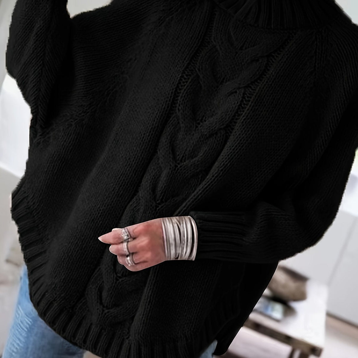 Women's Cable-Knit High-Neck Sweater Relaxed Fit