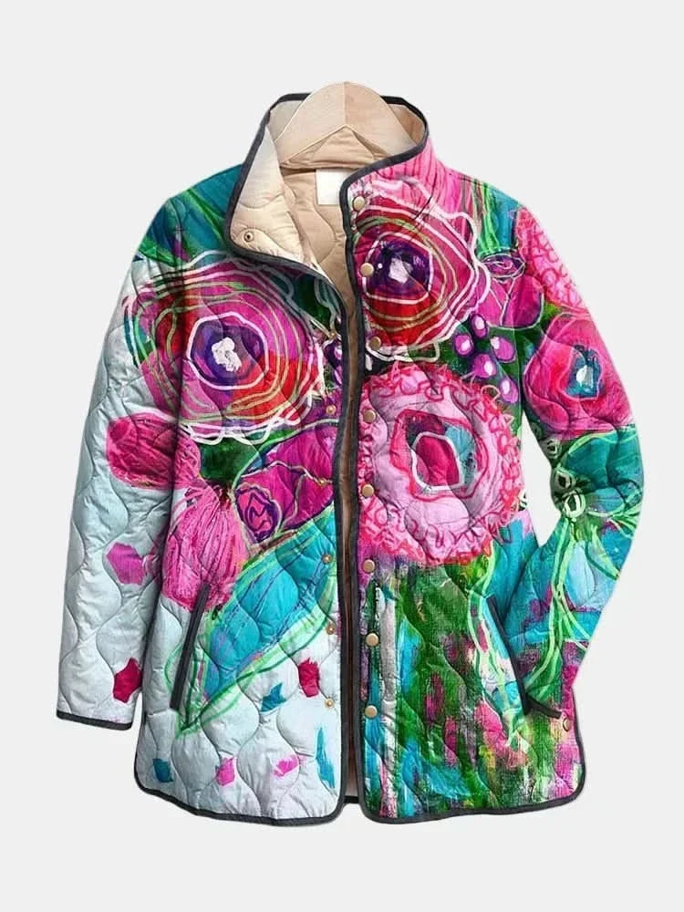 Women's Puffer Jacket with Quilted Panels and Floral Print | Breathable Fabric | For Winter | Size S-5XL