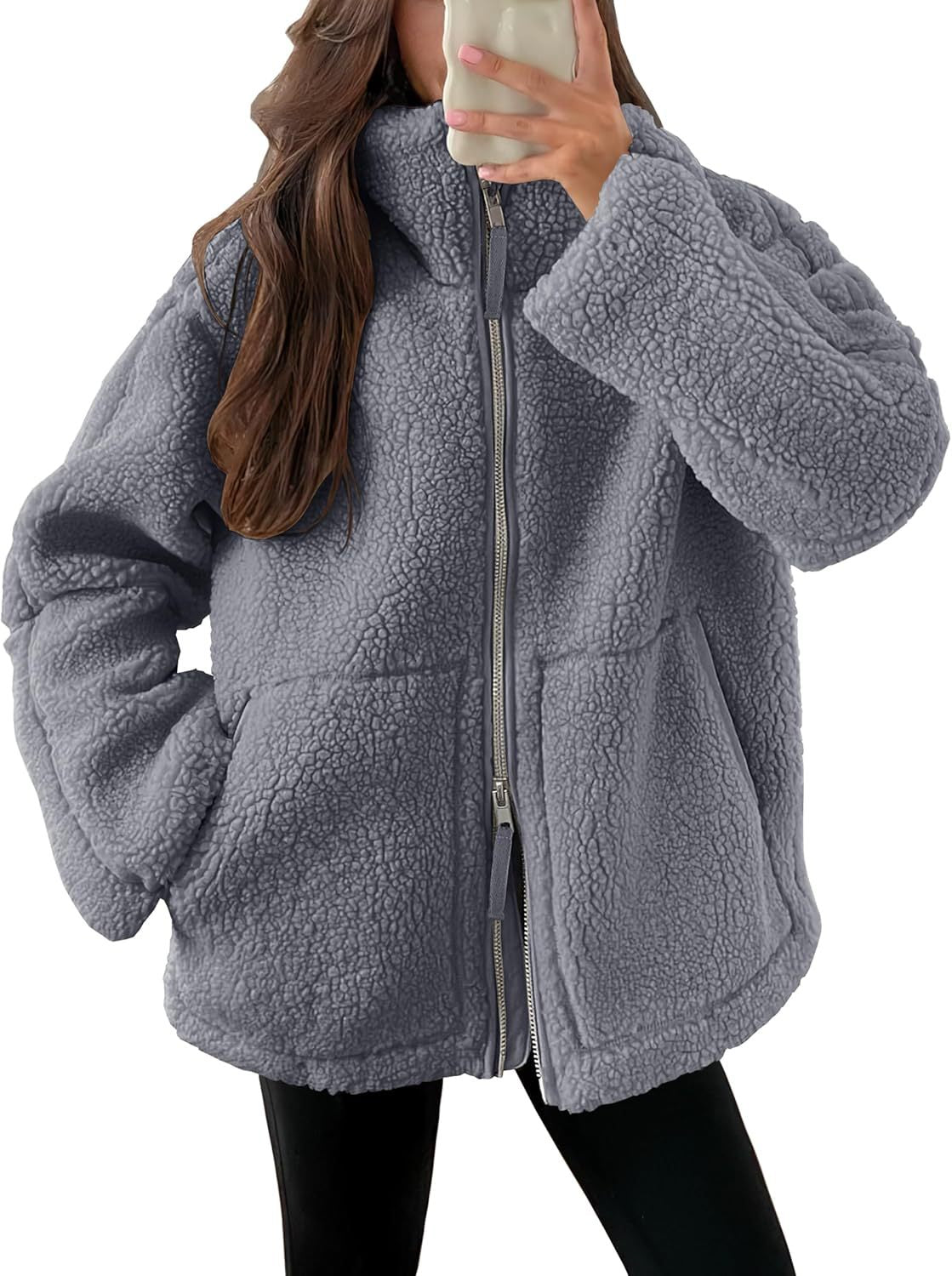 Women's Teddy Fleece Zip-Up Coat, Lapel Collar, Long Sleeves