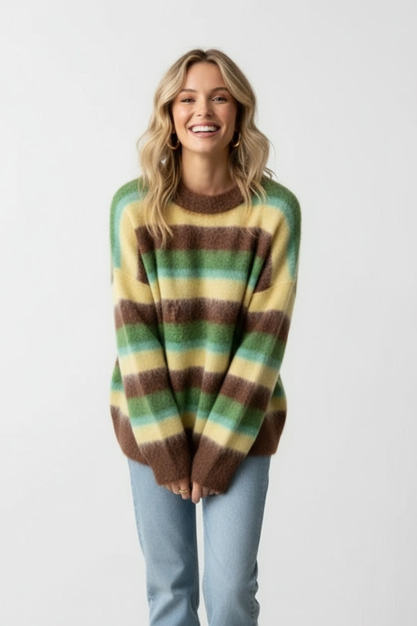 Women's Striped Crew Neck Sweater, Long Sleeves, Oversized Fit