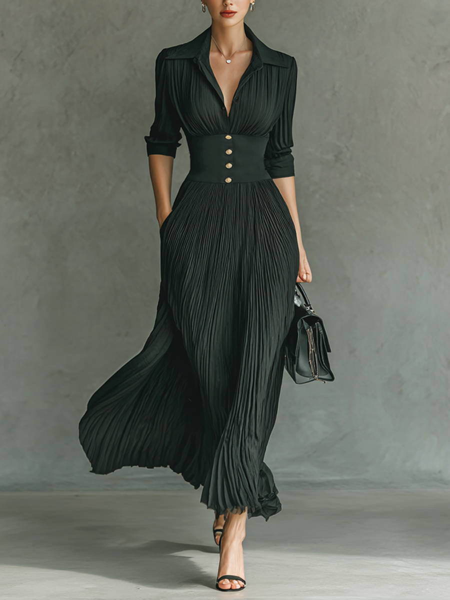 Women's Solid Color Pleated Lapel Waist Long Sleeve Maxi Dress
