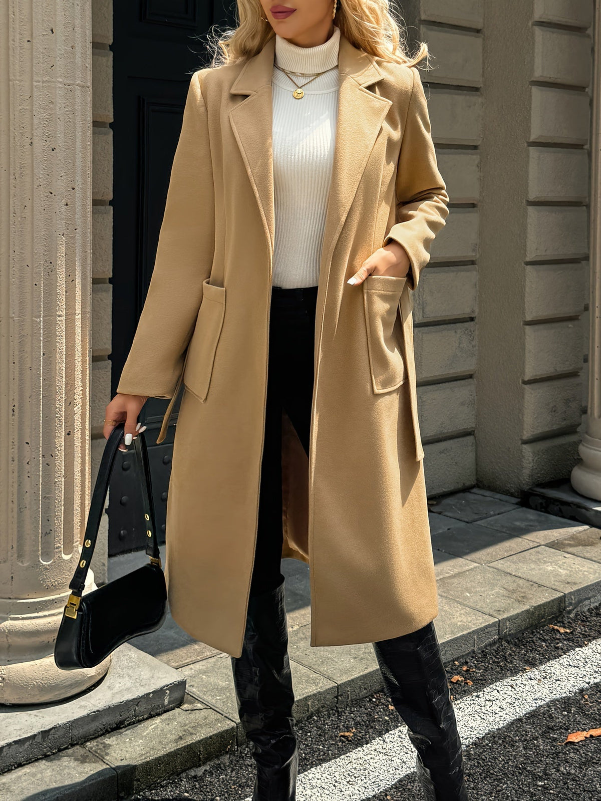 Women's Coat with Waist Belt and Pockets | For Winter | Size S-XL | Camel, Light Brown, Black, Grey