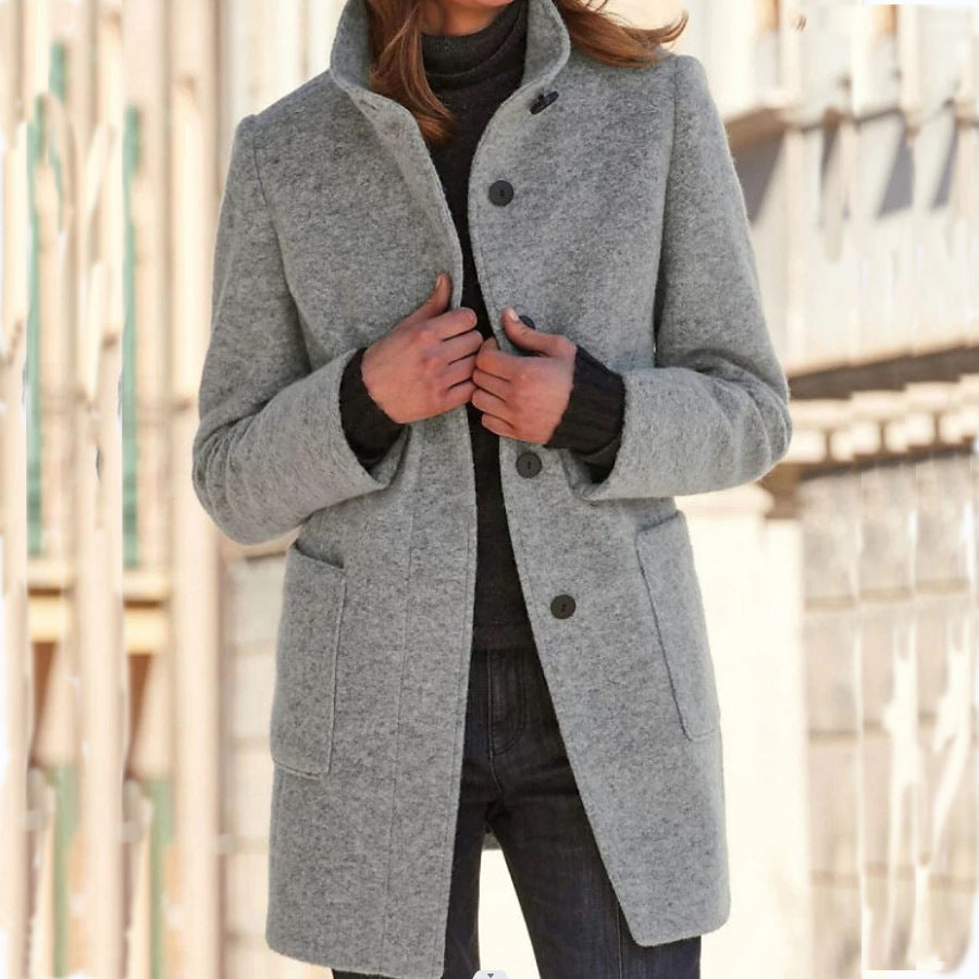 Women's Classic Coat, Stand Collar, Long Sleeves, Button Front
