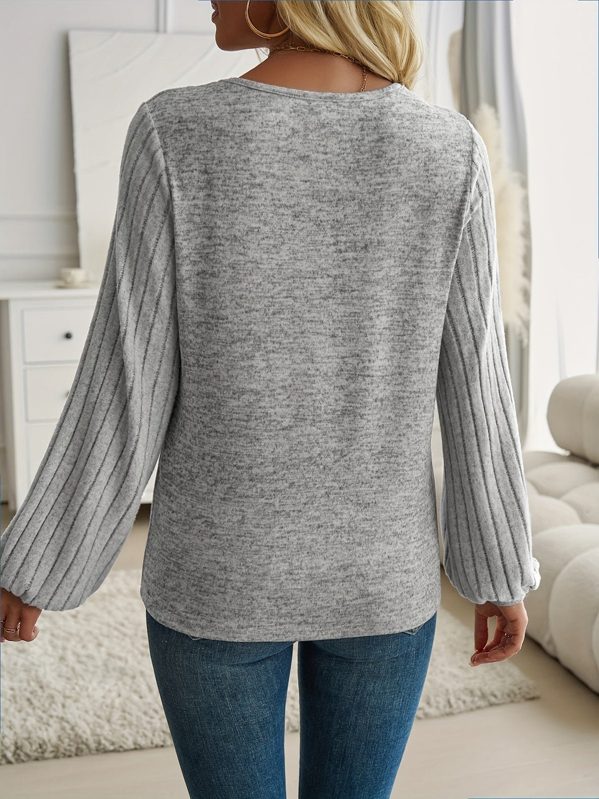 Women's Lantern Sleeve Sweater | Smooth Knit Pullover with a Soft Drape and Light Weight | Size S-2XL, Grey or Blue
