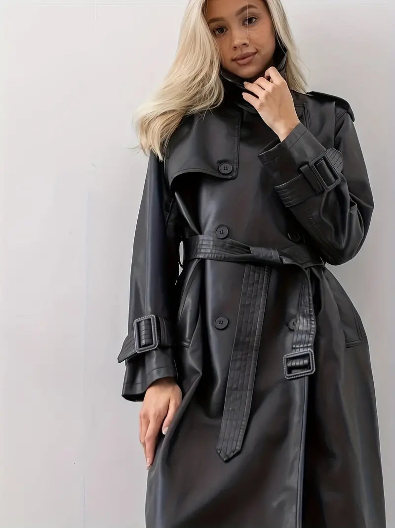 Women's Long Belted Trench Coat with Notch Collar