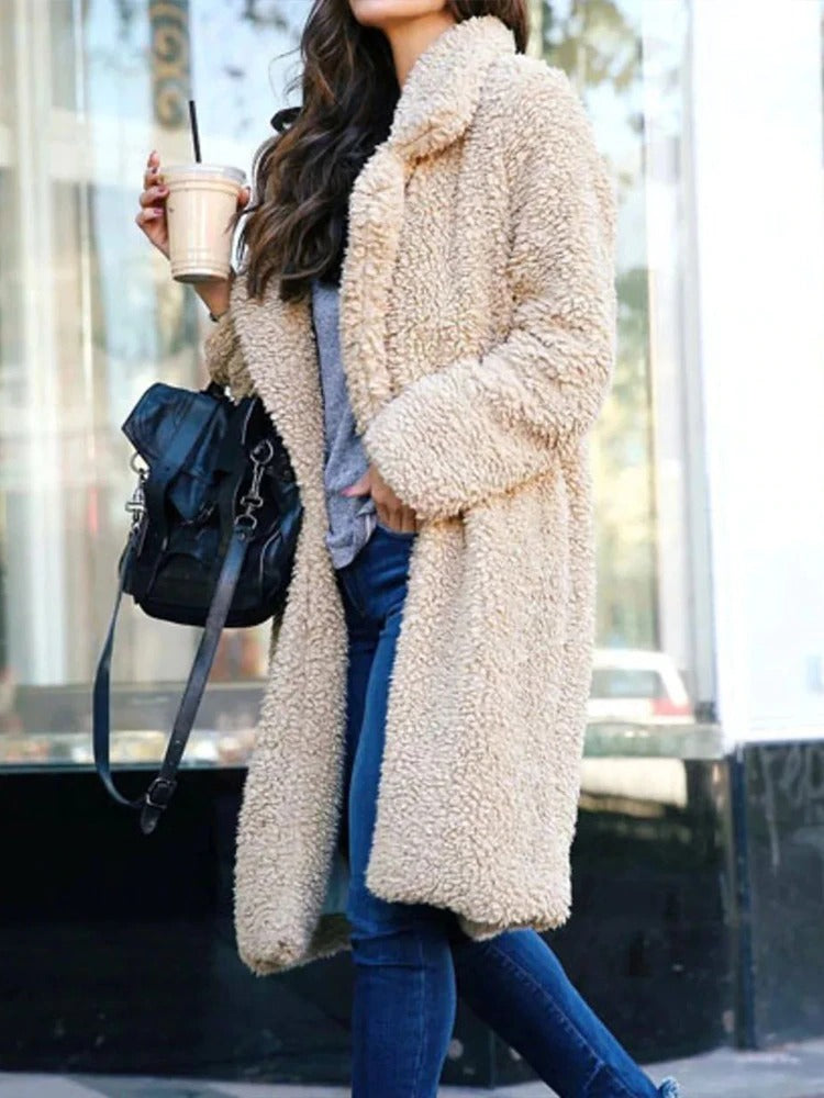 Sandra | Womens Long Teddy Coat in Soft Fleece | Long Length for Cold Days | Apricot, Black, Dark Gray and More S-3XL