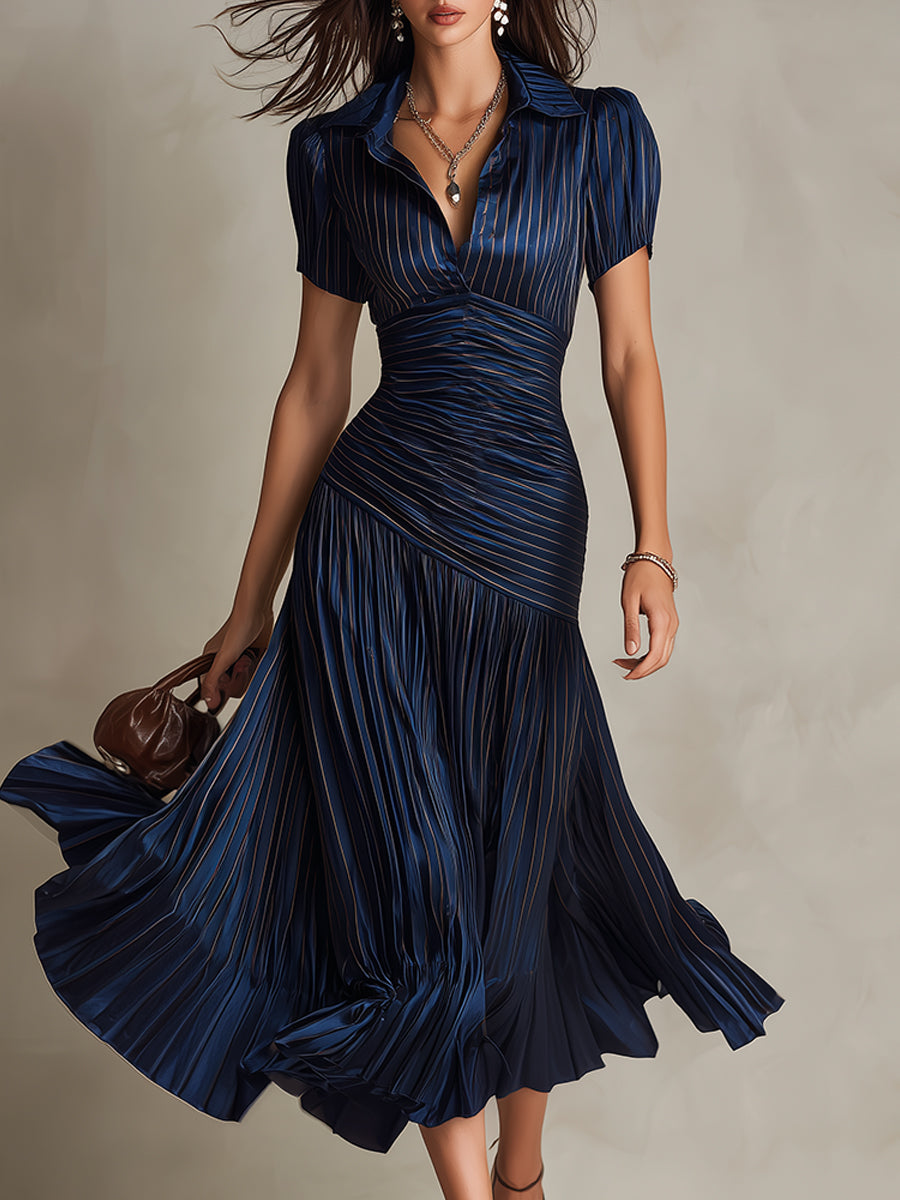 Adriana | Retro Striped Midi Satin Dress