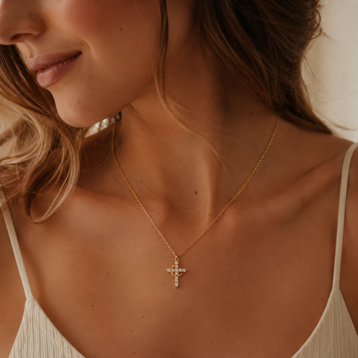 Cross & Crown | Zircon Necklace with 18k Gold Plating