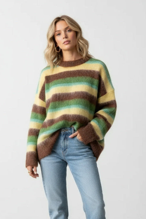 Women's Striped Crew Neck Sweater, Long Sleeves, Oversized Fit