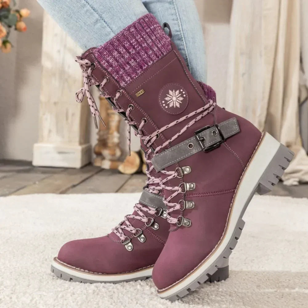 Women's Snow Boots, Lace-Up Ankle Style, Knitted Cuff