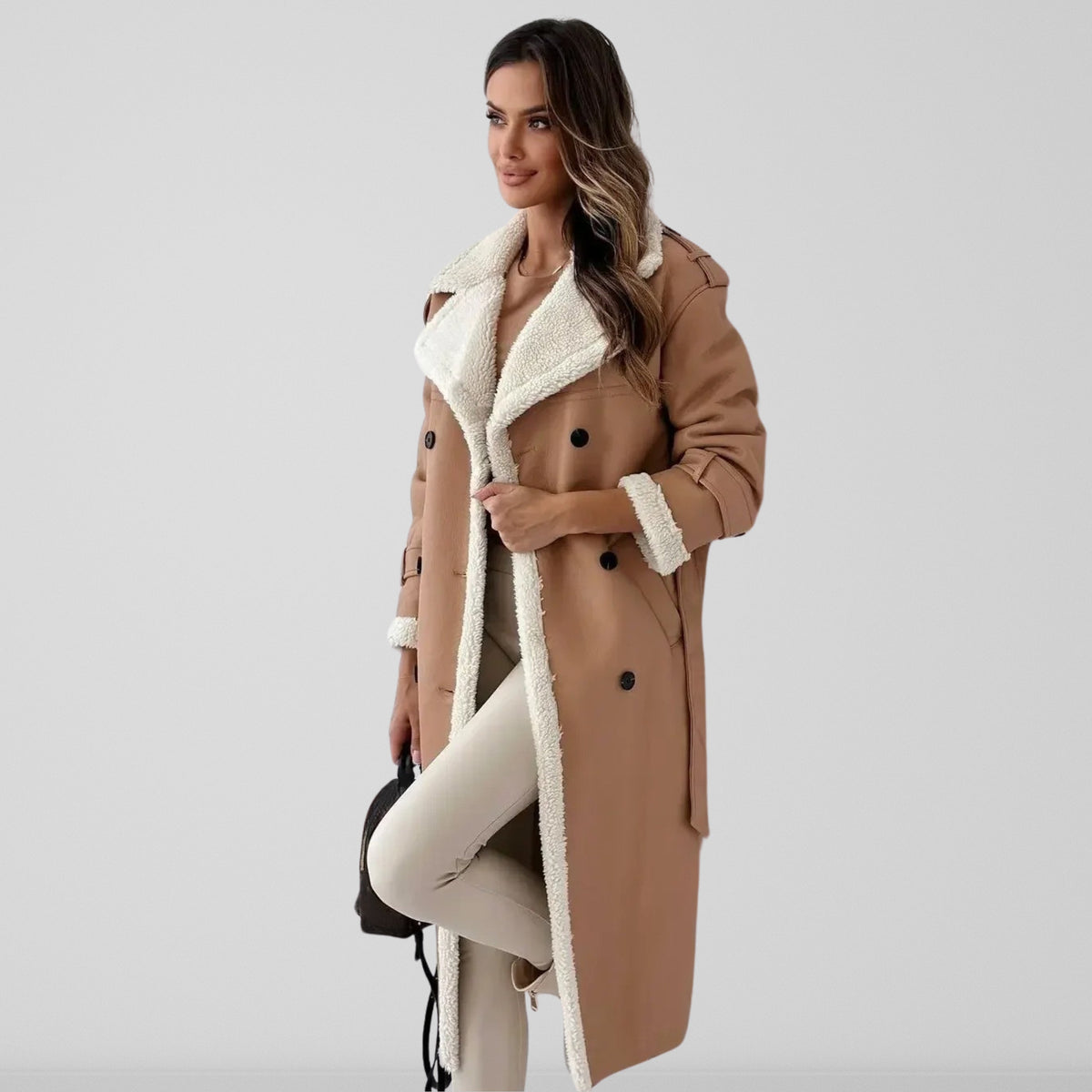 Women's Long Winter Coat, Shearling Trim, Double-Breasted
