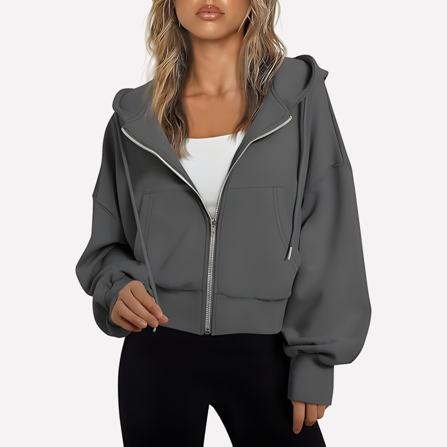 Women's Cropped Zip Up Hoodie with Adjustable Drawstring