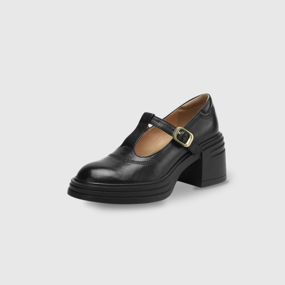 Women's Mary Jane Pumps with Gold Tone T-Strap Buckle | Round Toe, Wide Block Heel of 4-5 cm | Size 5-8, 3 Colors