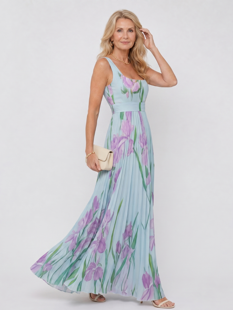 Satin midi dress with a square neckline and pleated skirt