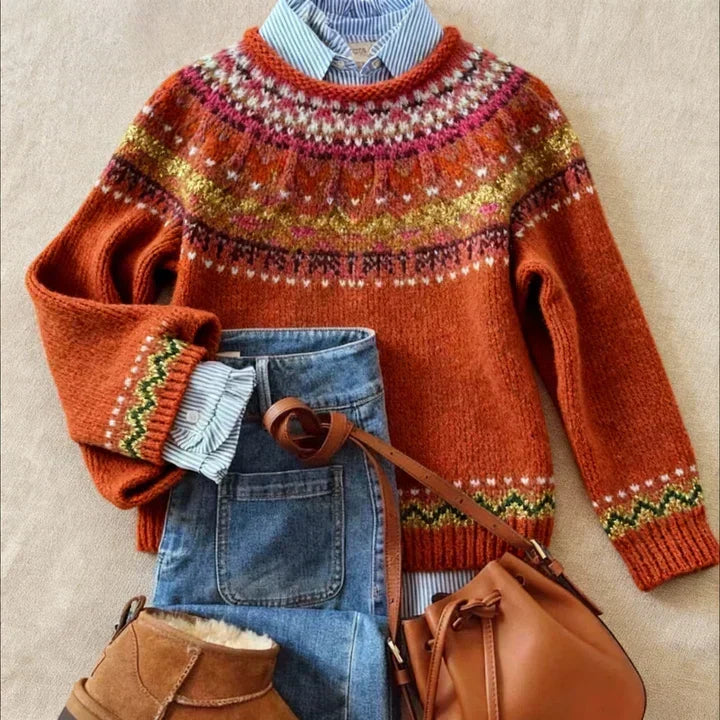 Women's Geometric Knit Sweater, Crew Neck, Long Sleeves