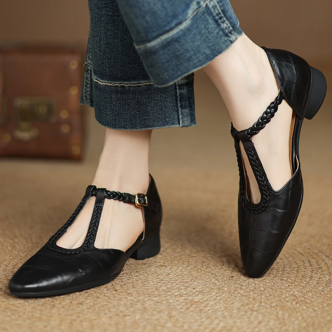 Women's Leather Mary Jane Ballet Flats | T-Strap Buckle, Tapered Toe and Cushioned Flat Sole | Size 5.5-8, Brown or Black