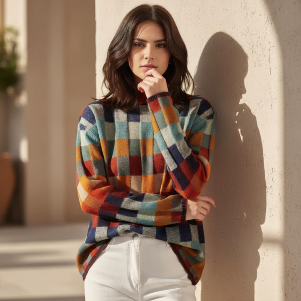 Summer | Womens Checkered Merino Wool Blend Sweater | Bold Contrast Check Pattern, Machine Washable | Multicolor XS-XL