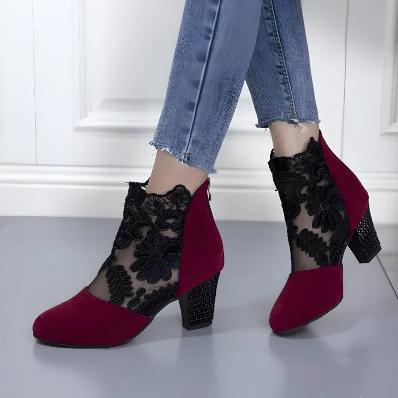 Women's Lace Overlay Ankle Boots with Block Heel