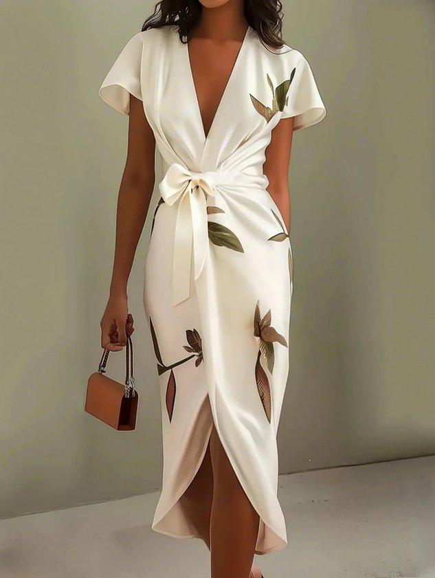 Women's Wrap Dress with a Tie Belt and Leaf Print | Flowing Skirt in White or Light Blue | Size S-3XL, 2 Colors