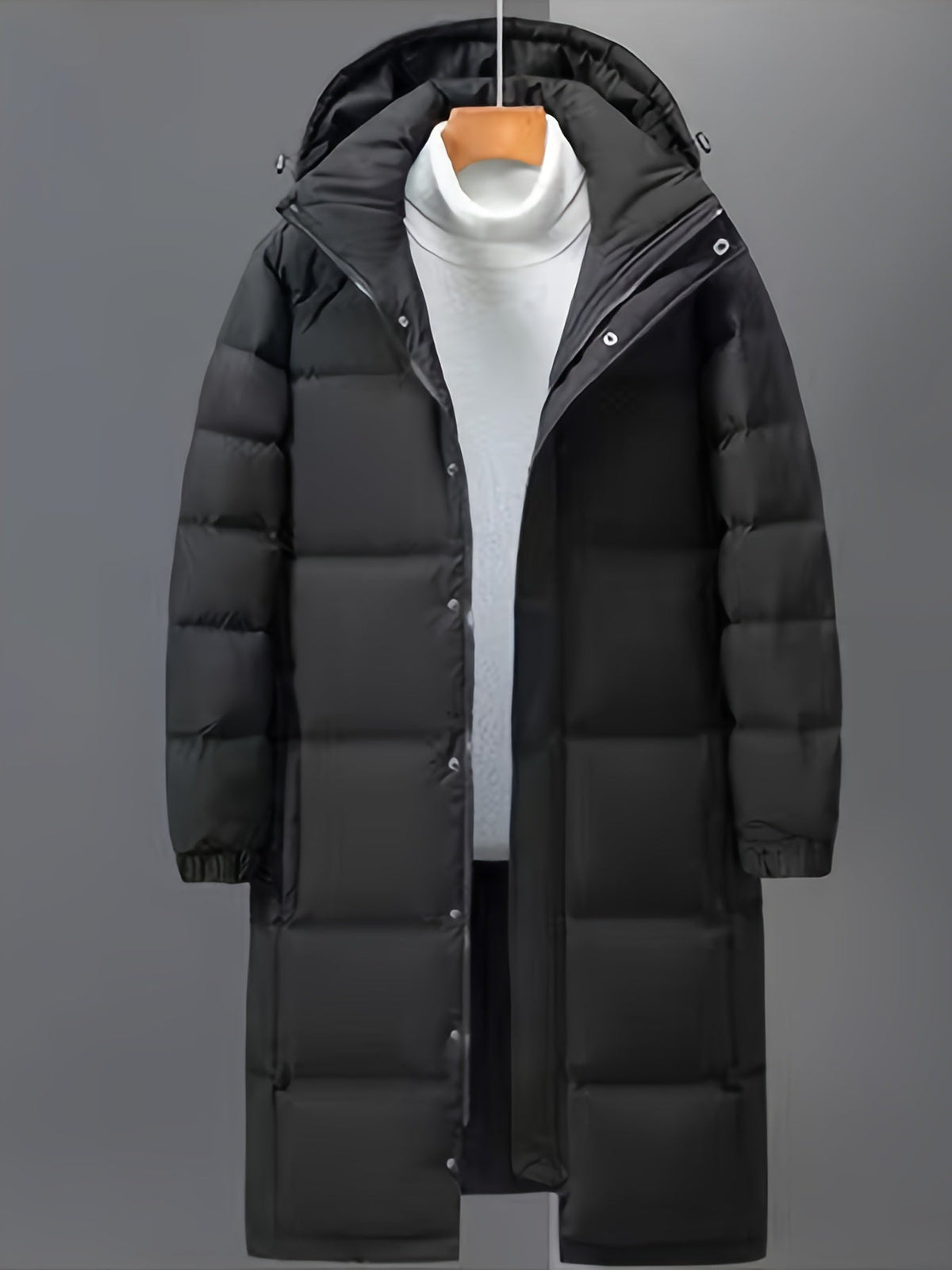 Men's Black Hooded Long Puffer Coat, Zip Front